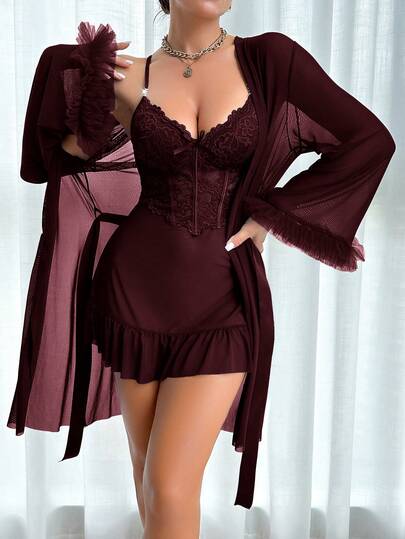 Slumberist 2pcs Set: Fishbone Style Cinch Waist Lace Cami Nightgown & Wide Sleeve Mesh Robe