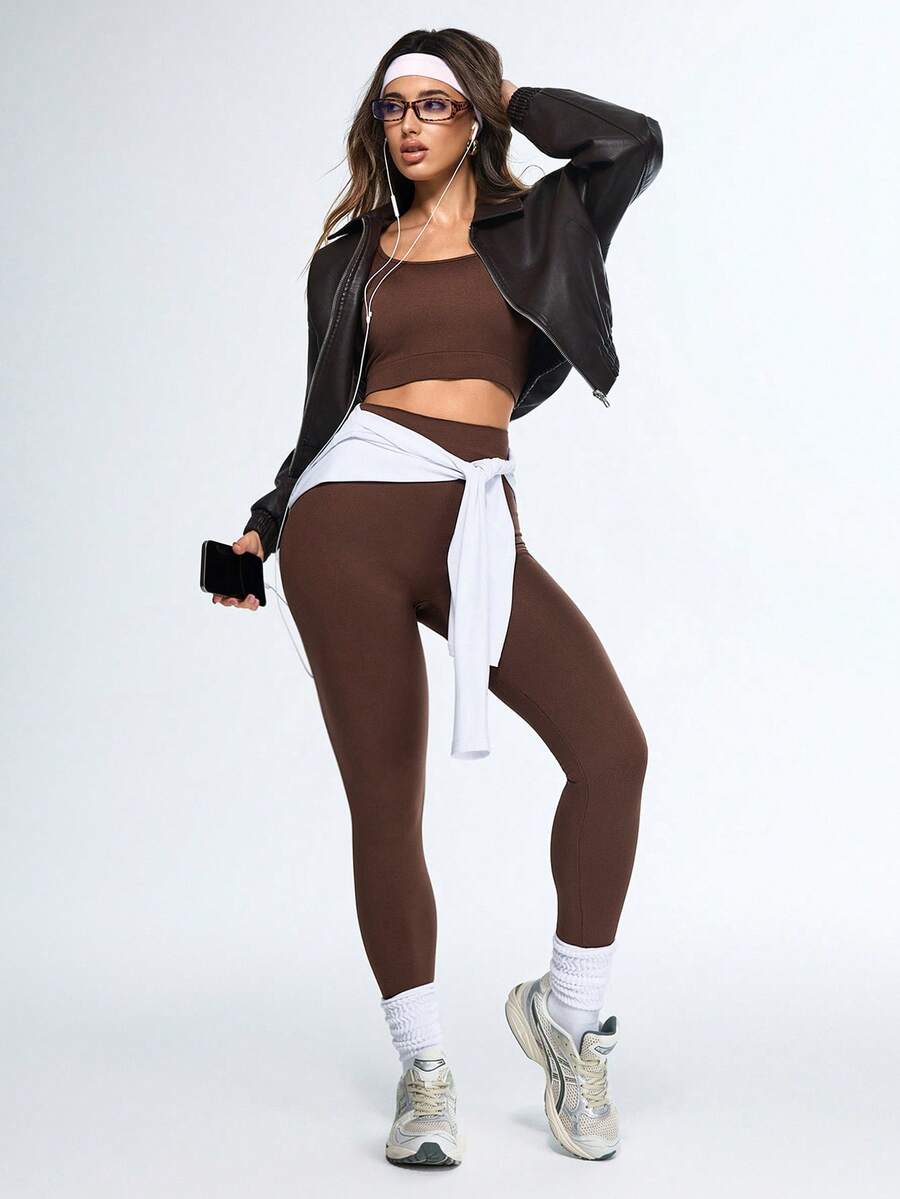 SHEIN Sports Women's Solid Color Scoop Neck Long Sleeve Top And High Waist Skinny Pants Activewear Set - Coffee Brown - View 1