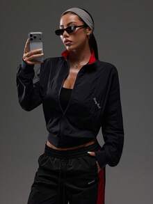 Dewbera Dewbera Contrast Color Stand Collar Zip-Up Casual Sporty Jacket,Long Sleeve Cropped Workout Sportswear Women Gym Clothes,Red And Black,Autumn,Athleisure,Gym - Navy Blue - View 1