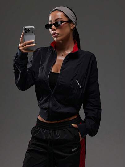 Dewbera 撞色立领拉链休闲运动夹克，长袖