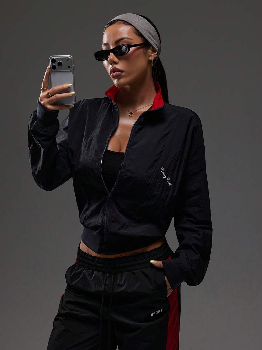 Dewbera Dewbera Contrast Color Stand Collar Zip-Up Casual Sporty Jacket,Long Sleeve Cropped Workout Sportswear Women Gym Clothes,Red And Black,Autumn,Athleisure,Gym - Navy Blue - View 1