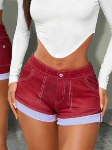 SHEIN BamGlam Pantaloncini casual con vita elastica e stampa effetto jeans per donne - Bordò - Visualizzare 3