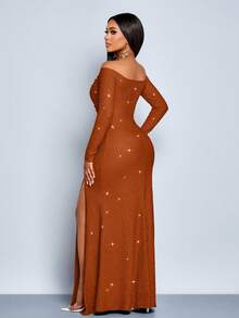 SOLERSUN Women's Fashionable Elegant V-Neck Off Shoulder Mermaid Hem Cocktail Party Night Club Bodycon Sexy Dress, Suitable For Christmas Party Vacation & Dating - Rust Brown - View 2