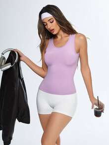 SHEIN Sovereign Charm Débardeur de sport ajusté, col rond, dos nu, couleur unie minimaliste pour femmes, été - Prune - Voir 6
