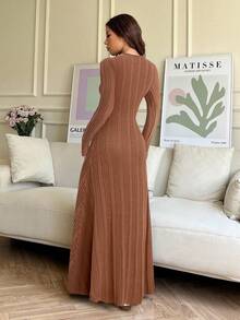 SHEIN EZwear 女士纯色长袖休闲针织连衣裙 - 棕色 - 查看 2