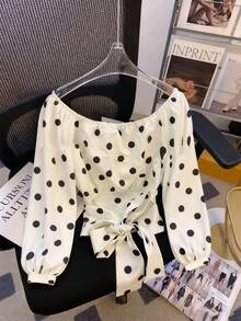 SHEIN Frenchy Blouse de mode à manches longues, col carré, imprimé à pois, plissée pour femmes - Nude - Voir 4