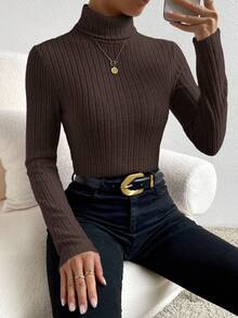 SHEIN Frenchy 长袖高领纹理面料T恤 - 棕色 - 查看 6