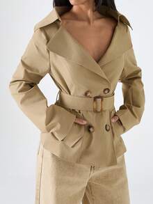 LYSMO Áo khoác trench coat hai hàng khuy có thắt lưng thời trang dành cho nữ - Màu Khaki - Xem 4