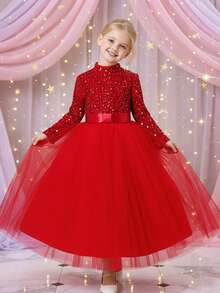 SHEIN Girls Knitted Stand Collar Sequin Contrast Mesh Princess Dress, Girls Party Dress, Mesh Dress, Red, Christmas, Girls Dress - Red - View 2