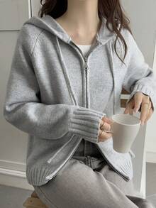 DAZY Cardigã feminino de cor sólida com mangas raglan, casual e confortável, com capuz, cordão e fecho de zíper. - Cinza - Ver 6