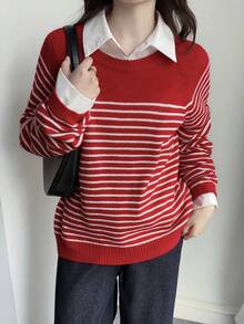 DAZY 女士宽松条纹拼接撞色休闲毛衣，红色 - 紅色 - 查看 2