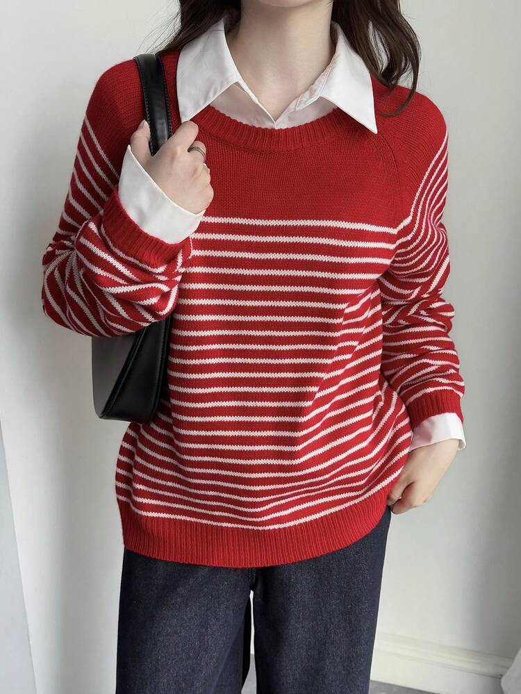 Women's Loose Fit Striped Patchwork Contrast Color Casual Sweater, Red