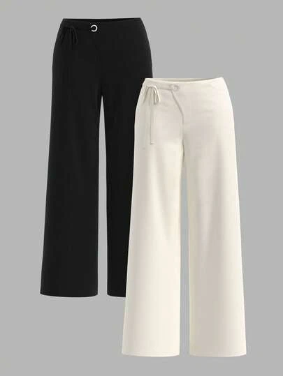 SHEIN PETITE Pantalones anchos de pierna ancha con cordón y decoración de ojales, de unicolor negro + blanco, para uso casual, de oficina y diario. Paquete múltiple con múltiples opciones para un estilo versátil