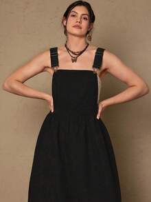 Freevana Đầm yếm màu đen bằng vải nhung kẻ dành cho nữ, cỡ lớn, đơn giản và thời trang, thích hợp mặc hàng ngày. - màu đen - Xem 2