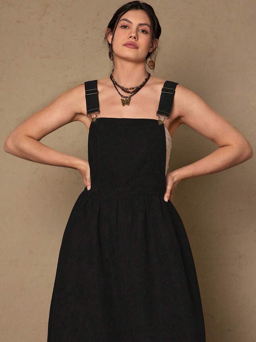 Freevana Đầm yếm màu đen bằng vải nhung kẻ dành cho nữ, cỡ lớn, đơn giản và thời trang, thích hợp mặc hàng ngày.