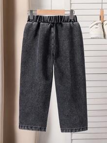 SHEIN Genkimix Kids 男童直筒牛仔裤，舒适百搭，适合日常穿着、户外活动、通勤、上学，秋冬季节穿着，保暖内衬。 - 深灰色 - 查看 2