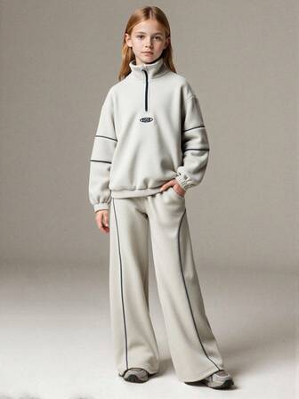 JNSQ Conjunto de 2 piezas de sudadera con cuello alto holgado y pantalones de ajuste relajado con bordado de letras divertido, para preadolescentes unisex, adecuado para otoño, invierno, uso diario, actividades al aire libre, vacaciones, streetwear, fiestas y casual