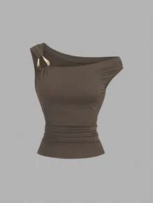 Sweetra 2pcs/Set Asymmetric Collar Fitted T-Shirt, Versatile Casual Top, Spring/Summer - Multicolor - View 4