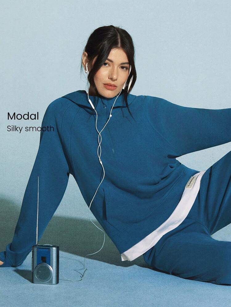 Modal Silk Touch Oversized Long Sleeve Half-Zip Hoodie  Spring Summer