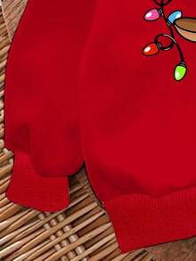 SHEIN Christmas Cute Cartoon Deer String Light Graphic Red Pullover Sweatshirt,Autumn Party Loose Fit Round Neck Warm Comfortable Top For Young Girl - Burgundy - View 5