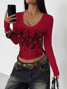 StreetHx Women's Gothic Style Wing Print Punk Y2K Casual Crop Top, Spring/Summer - Burgundy - View 3