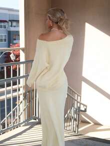 Sydney Algeri 1 set Femme Cardigan à manches longues et épaules tombantes surdimensionné + Jupe pull longue trapèze, Jaune clair