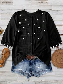 Linhara 大码女装春季新款黑白撞色刺绣衬衫，圆领，浪漫白色花卉刺绣，休闲外穿衬衫，宽松舒适简约衬衫，复古田园风，春秋季衬衫 - 黑與白 - 查看 1