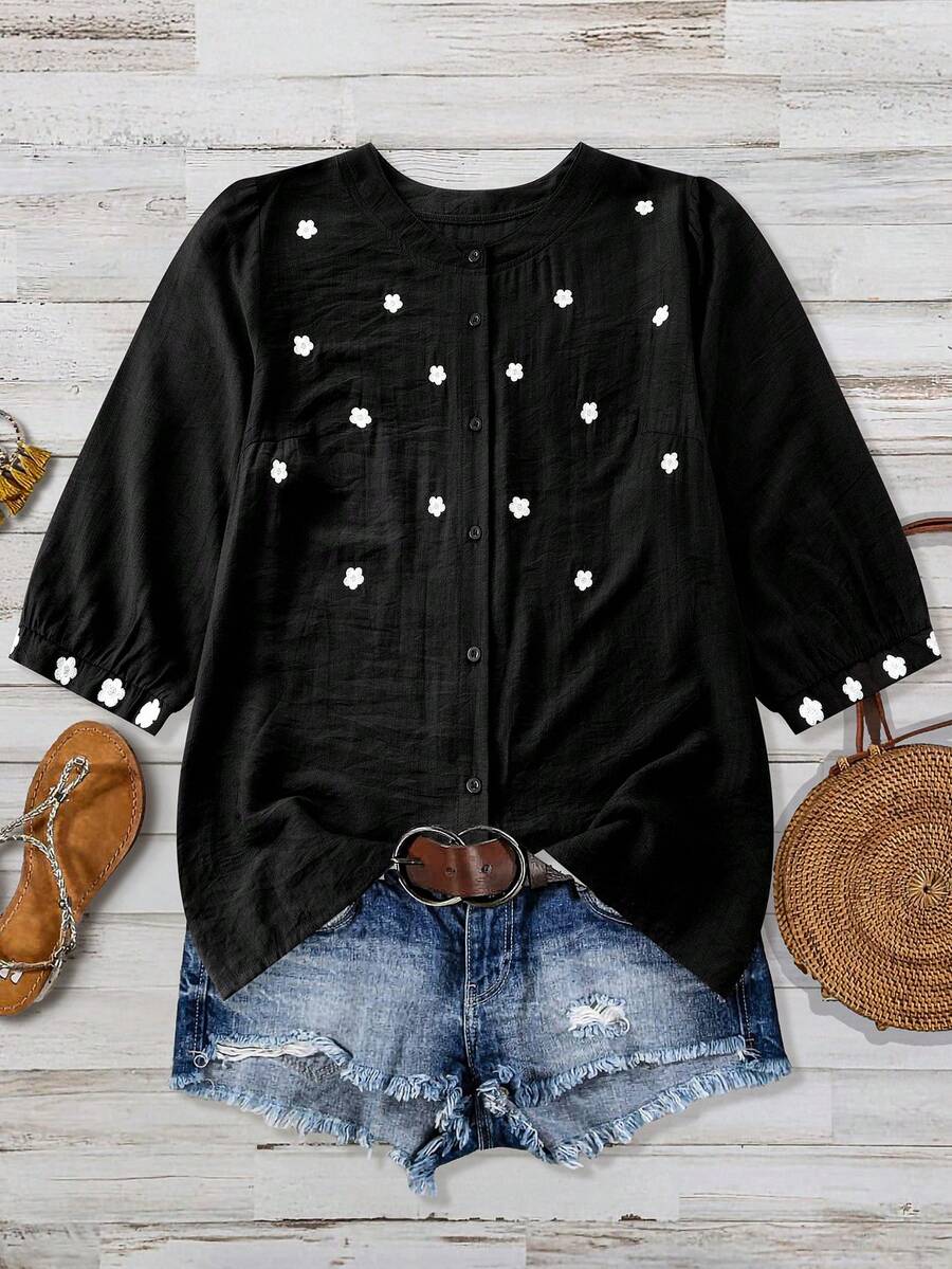 Linhara 大码女装春季新款黑白撞色刺绣衬衫，圆领，浪漫白色花卉刺绣，休闲外穿衬衫，宽松舒适简约衬衫，复古田园风，春秋季衬衫 - 黑與白 - 查看 1