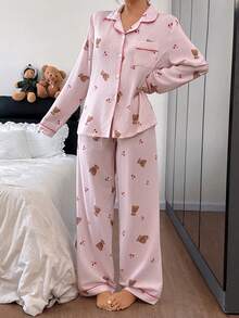 SHEIN 可爱小熊樱桃印花长袖睡衣套装，女士粉色睡衣套装，泰迪熊睡衣套装，舒适睡衣套装，可爱女士睡衣，冬季服装 - 粉色 - 查看 3