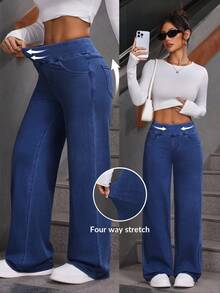 SHEIN PETITE Women's Elastic Waist Wide Leg Loose Casual Versatile Jeans - Blue - View 1