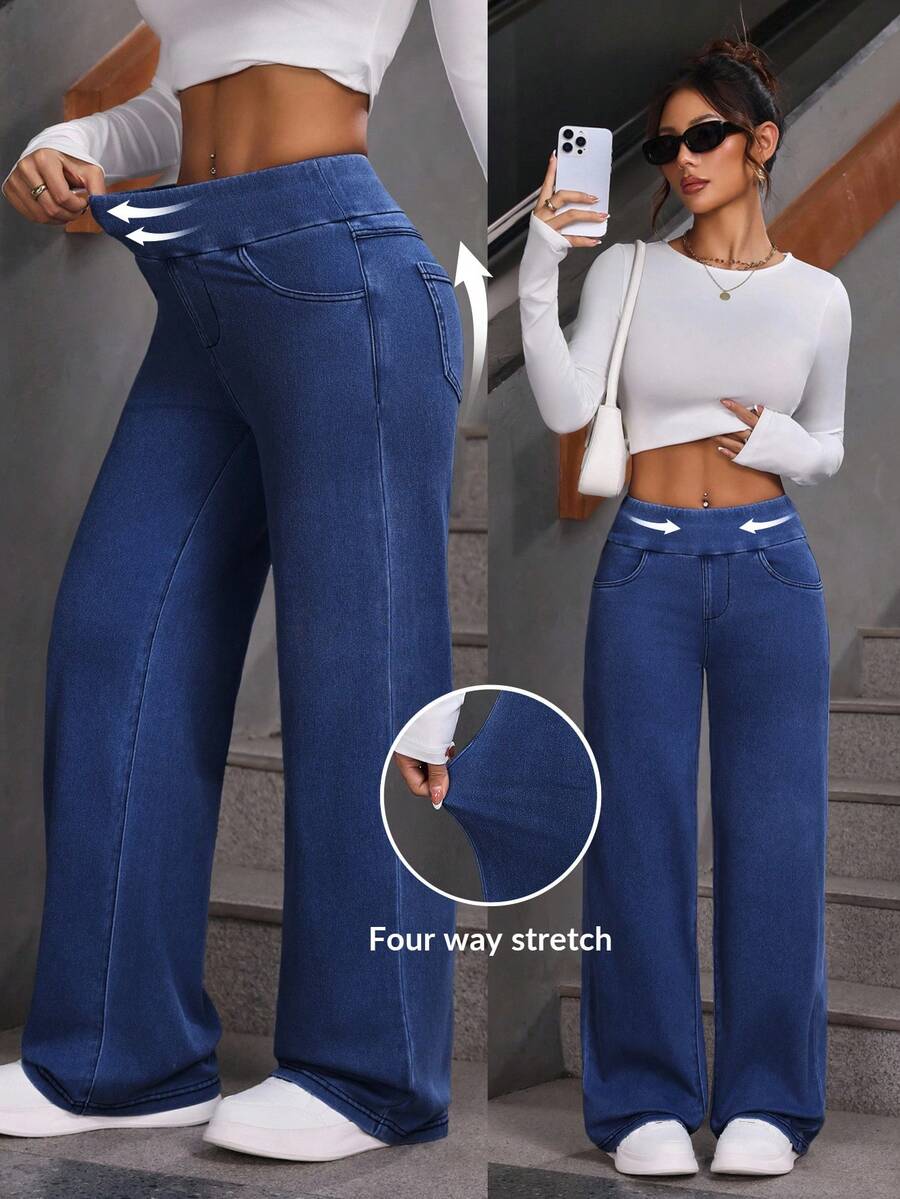 SHEIN PETITE Women's Elastic Waist Wide Leg Loose Casual Versatile Jeans - Blue - View 1