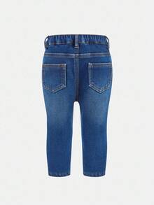 SHEIN Baby Girls Navy Blue Denim Thermal Lined Stretchy Leggings - Medium Wash - View 2