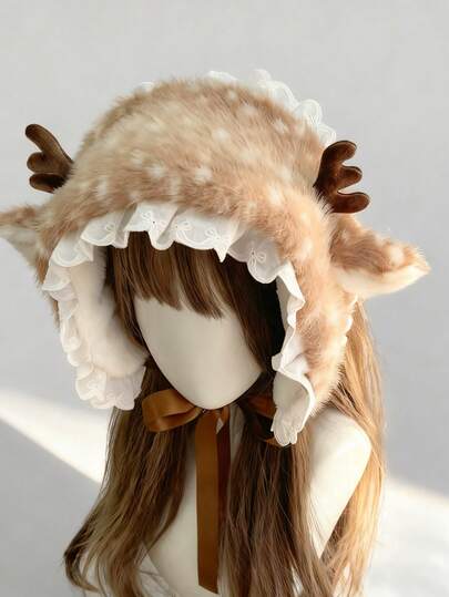 Fairycore 1pc Adorable Deer Design Plush Shawl, Sweet Lace Ruffle Bowknot Scarf, Warm Fashion Neck Accessories For Autumn/Winter