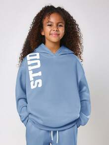 SUMWON Letter Print Hoodie And Wide Leg Jogger Co-Ord Set For Casual Weekend Comfort Winter Wear Vacation - Blue - View 3