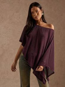SHEIN BAE Women's Solid Purple Simple Sheer Shimmering Asymmetrical Neck Top / 2026 Fashion Top / Club Top / Maroon Top / Sheer Top / Purple Shawl/Going Out Tops For Women/Asymmetrical Shoulder Top/Party Top For Women/Night Out/New Year's For Women/Glitter Top - Maroon - View 4