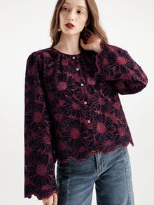 Aveloria Modichic Camisa de cárdigan de manga larga con bordado suelto y parches calados de alta gama francesa nueva para invierno - Negro - Ver 4