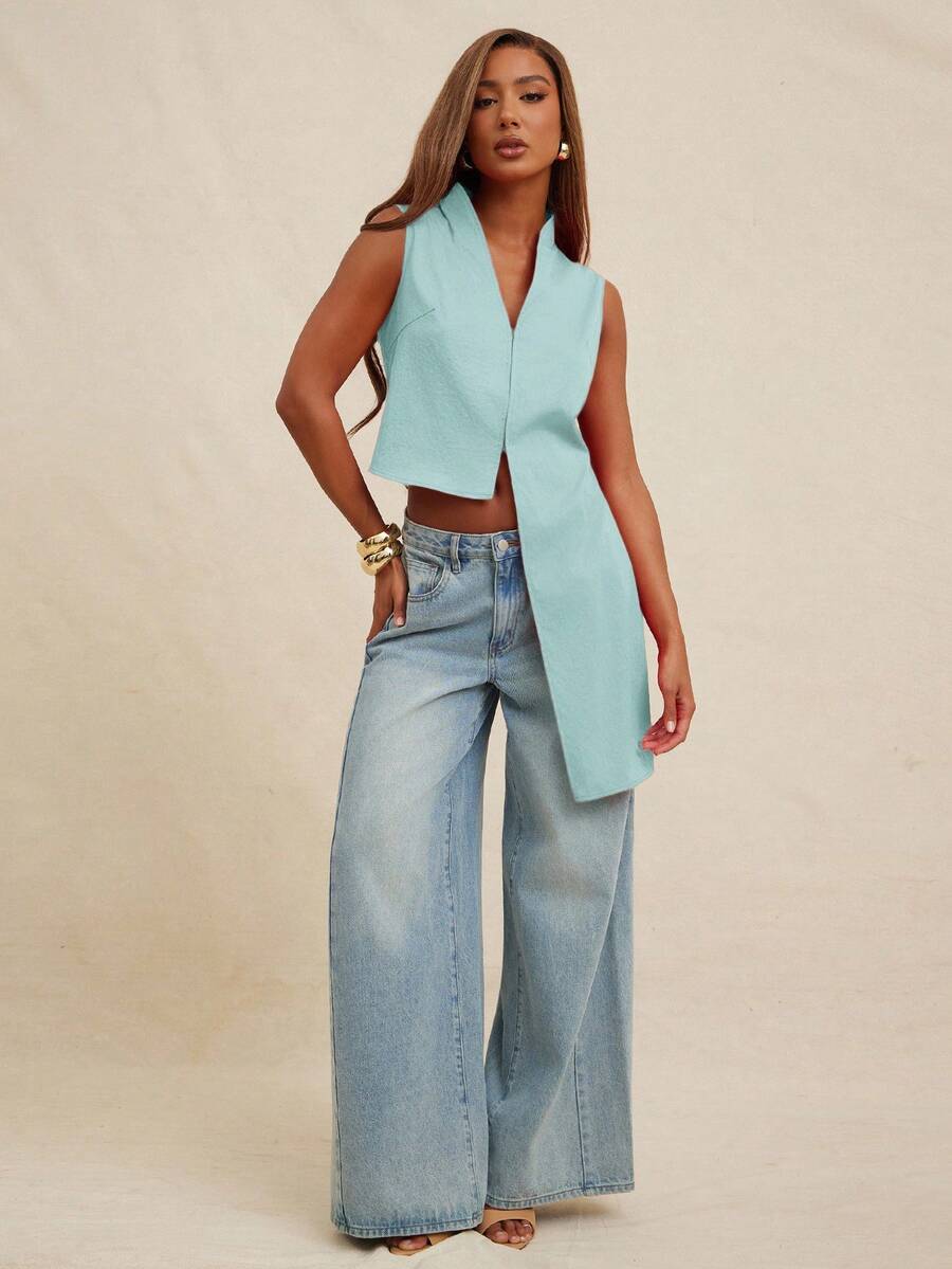NYA SZN Parte superior sin mangas con detalle de drapeado, fluida, modesta, de negocios, casual, básica, plisada, elegante, apropiada para la iglesia, linda, básica, de dinero antiguo, elegante, para otoño e invierno, adecuada para ir al trabajo para mujeres - Celeste - Ver 1