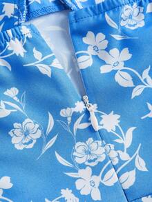 SHEIN MOD Floral Print Split Thigh Cami Blue And White Breast Cup Spring And Summer Straps Dress - Blue and White - View 4