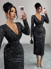 Elenzga Autumn/Winter New French Chic Elegant Knit Glitter Design Cross Collar Tie Waist Fitted Midi Dress, Versatile Cocktail Party Wear, Black - Multicolor - View 1