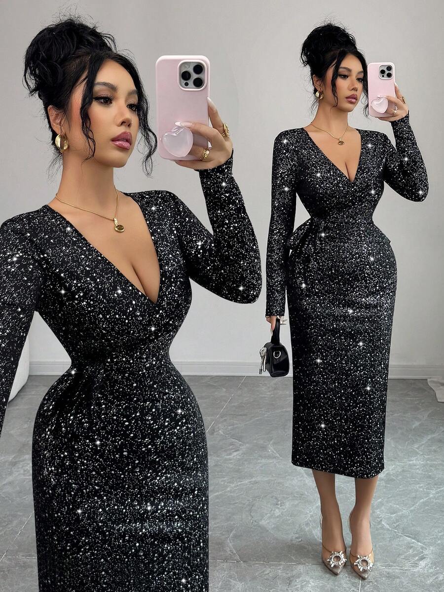Elenzga Autumn/Winter New French Chic Elegant Knit Glitter Design Cross Collar Tie Waist Fitted Midi Dress, Versatile Cocktail Party Wear, Black - Multicolor - View 1