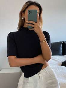 DAZY 女士纯色修身休闲正装高领针织上衣，秋冬季 - 黑色 - 查看 6