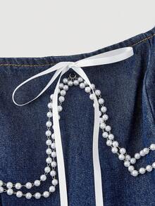 Sweetra 女士蓝色系带水钻装饰优雅无袖牛仔连衣裙 - 藍色 - 查看 3