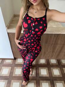 SHEIN Set pijamale slim fit pentru femei, cu imprimeu de inimă și pantaloni, cu croială scurtă și închidere frontală - Multicolor - Vizualizare 6