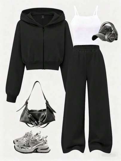 SHEIN 3 pezzi Set casual da donna minimalista, composto da canotta, felpa con chiusura lampo corta e pantaloni a gamba larga, adatto per uso quotidiano