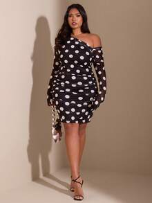 SHEIN BAE Plus Size Ruched Polka Dot Asymmetric Shoulder Long Sleeve Bodycon Dress,Winter Outfit For Women,Dress  For Ladies Summer,New Year's Eve Dress,Elegant Dresses For Party,Casual Dresses For Women,Women's Social Dress,Formal Dress,Plus Size,Litz And Glamour Outfit For Women,Wedding Guest Dress Women,Cocktail Dress,Dresses For Ladies Summer,Birthday Party Dress,Black  Dress - Black - View 6