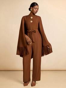 Vesra Women's Poncho Cloak Style Front & Middle Metal Tassel Jumpsuit - Brown - View 3