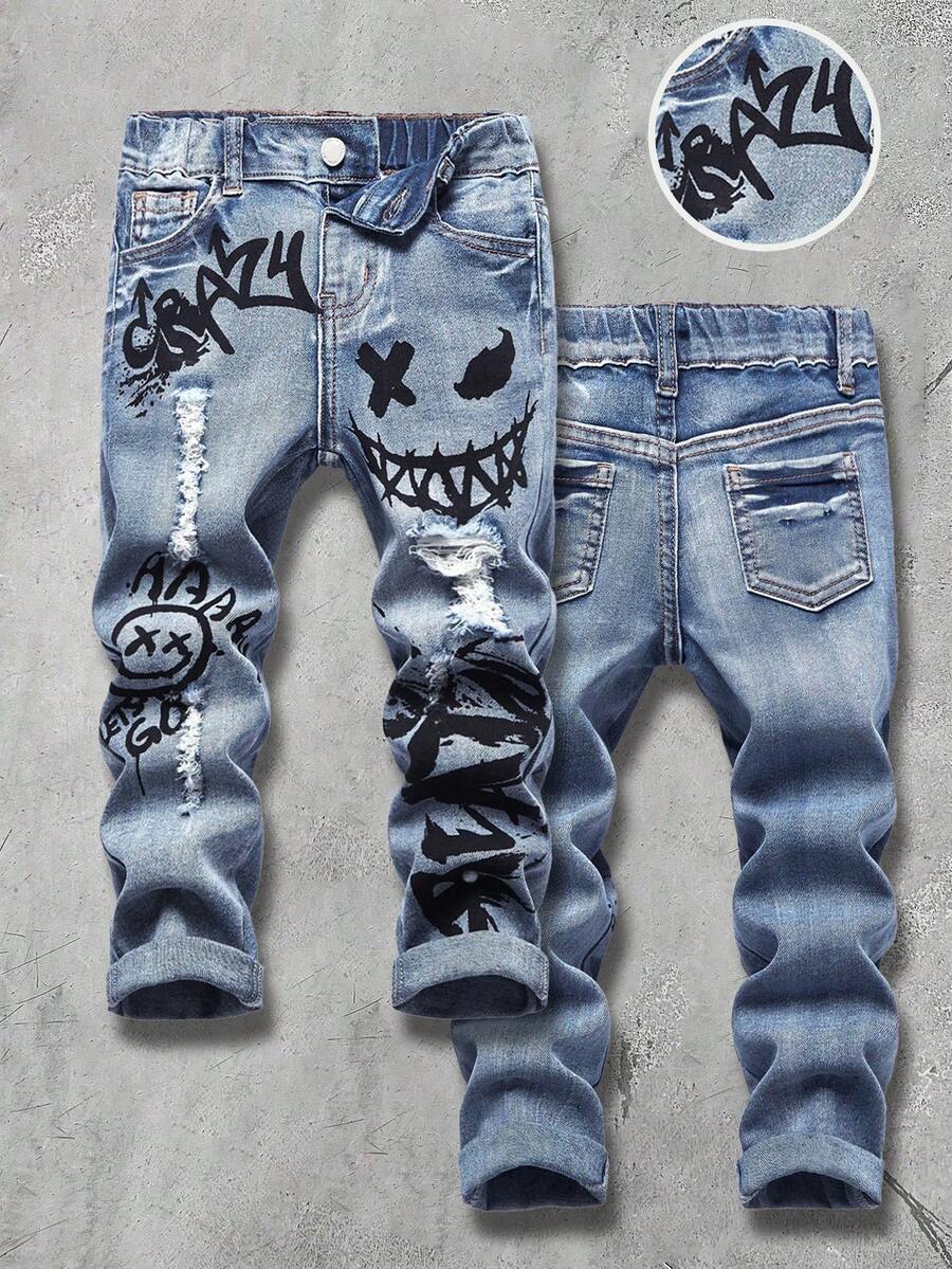 New Fashion Young Boy Urban Street Cool Graffiti Print Ripped Frayed High Stretch Blue Denim Jeans Fall Winter, For Fall/Winter Daily-Wear, Streetwear, Christmas, New Year, Thanksgiving For Boys, Stylish Collection - Medium Wash - View 1