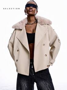 LYSMO 女士时尚百搭双排扣外套，冬季 - 米色 - 查看 6