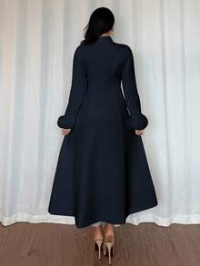 Rafferiza 女士时尚单排扣长款大衣，冬季长袖外套，藏蓝色，优雅法式风格 - 藏蓝色 - 查看 2