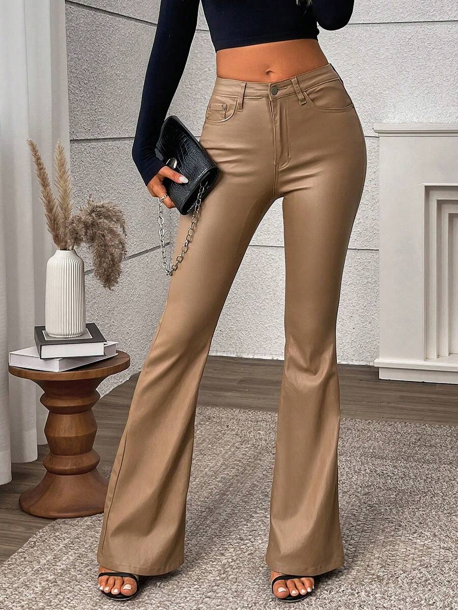 SHEIN Tall 女款休閒百搭低腰修身黑色塗層喇叭褲,適合春夏秋季,適合高個女性 - 駝色 - 查看 1